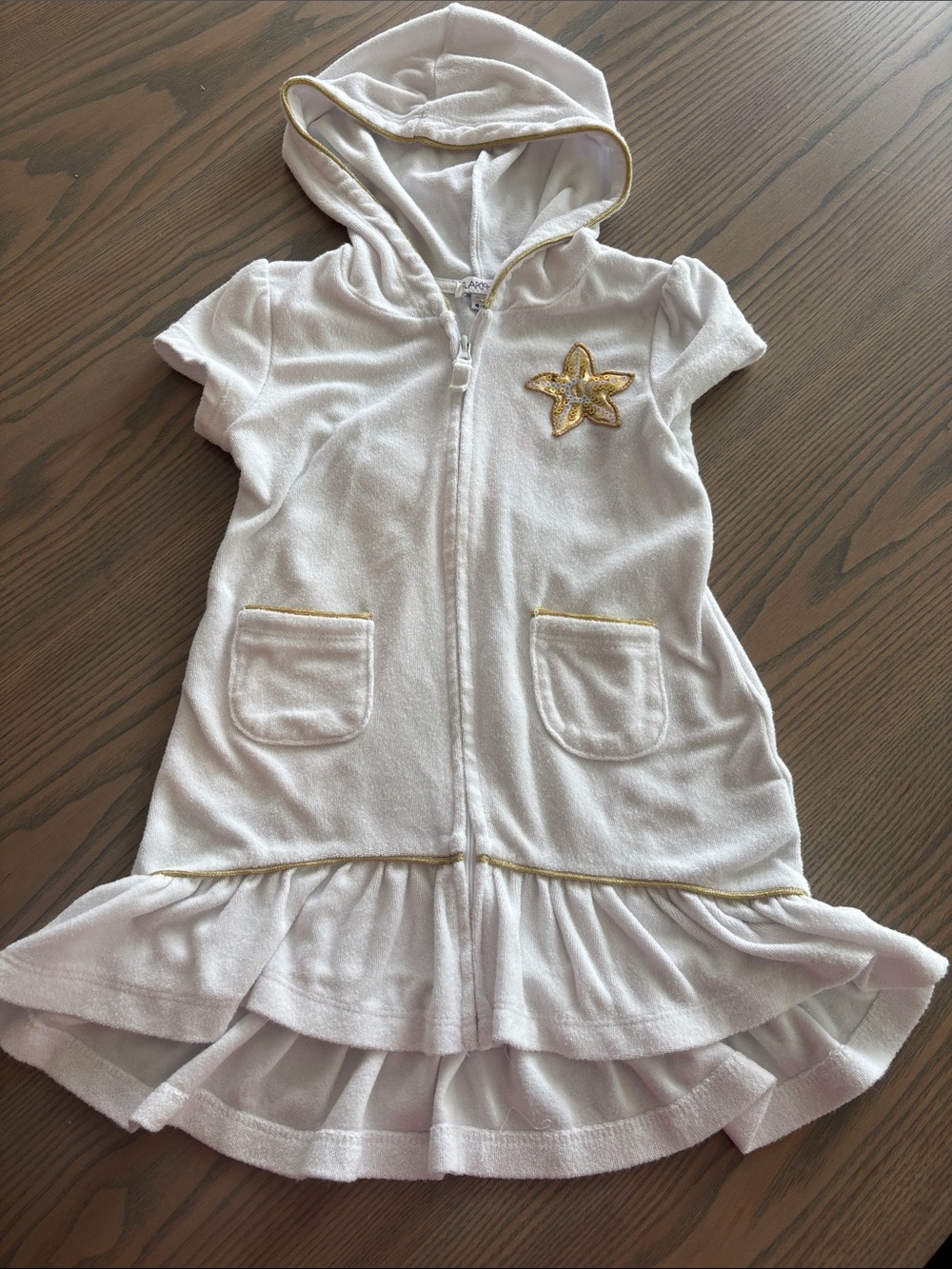 Flapdoodles girls White Hooded Ruffle with Gold Trim swim coverup 4T